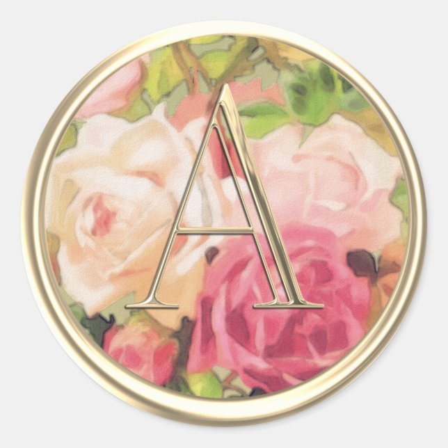 ALL INITIALS Gold Monogram Pink Roses Classic Round Sticker (Front)