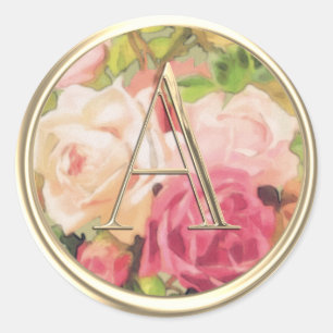 ALL INITIALS Gold Monogram Pink Roses Classic Round Sticker