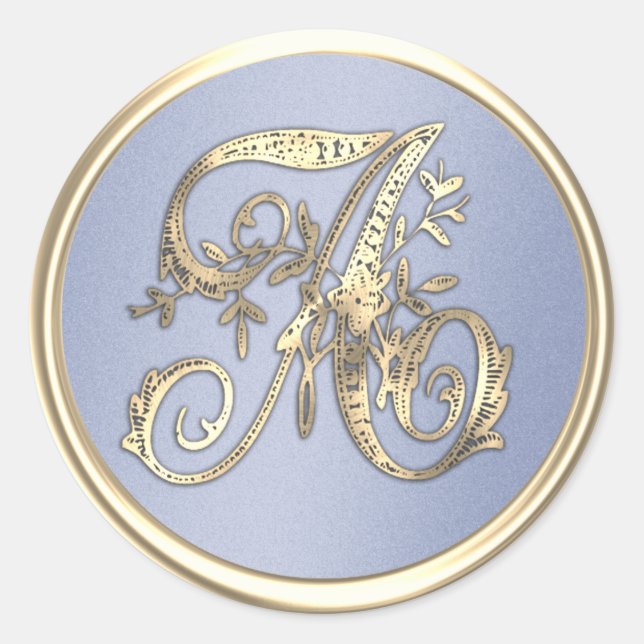 All Initials Gold Monogram Pretty Blue  Classic Round Sticker (Front)