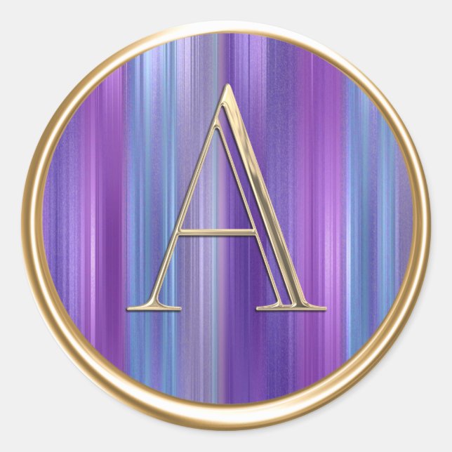 ALL INITIALS Gold Monogram Purple Blue Stripes  Classic Round Sticker (Front)