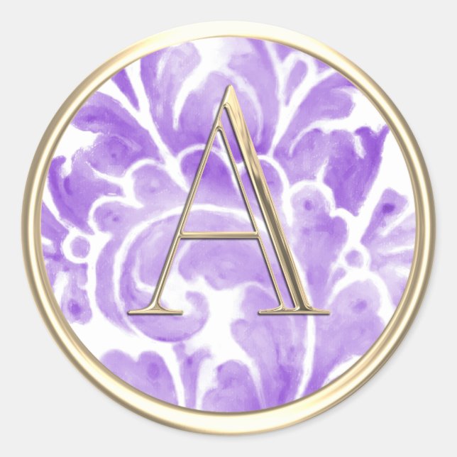 ALL INITIALS Gold Monogram Purple Plume Classic Round Sticker (Front)