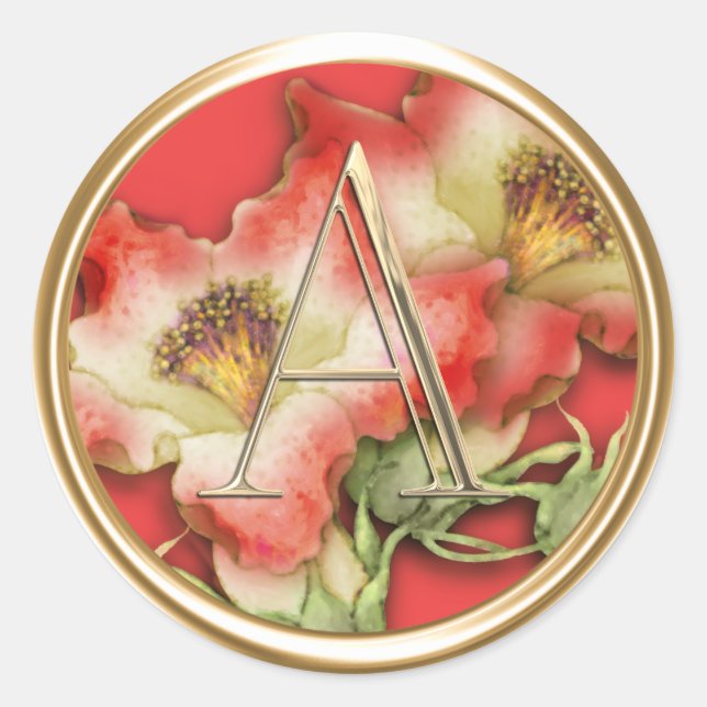ALL INITIALS Gold Monogram Red and White Lillies  Classic Round Sticker (Front)