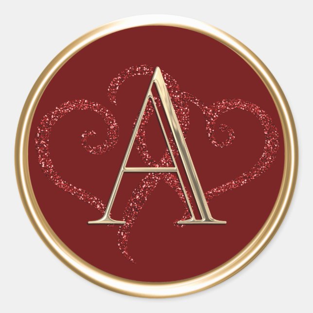 ALL INITIALS Gold Monogram Red Glitter Hearts Classic Round Sticker (Front)