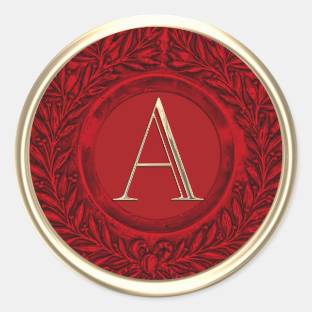 ALL INITIALS Gold Monogram Red Laurel Wreath Classic Round Sticker (Front)