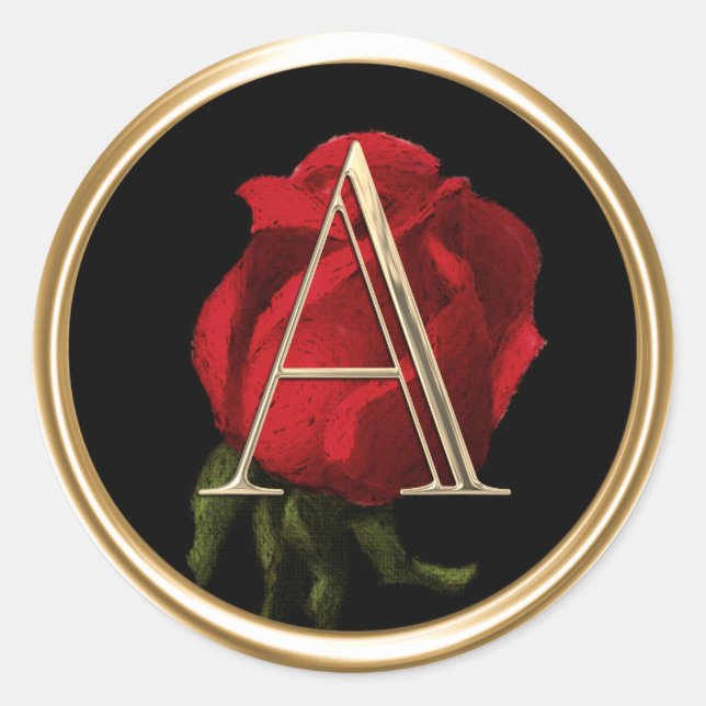 ALL INITIALS Gold Monogram Red Rose Black Classic Round Sticker (Front)