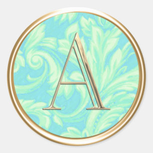 ALL INITIALS Gold Monogram Turquoise Aqua Damas Classic Round Sticker