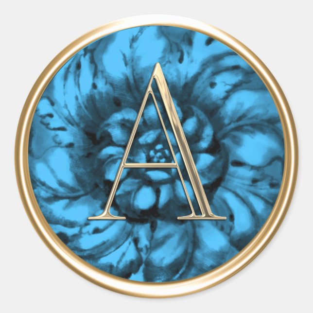ALL INITIALS Gold Monogram Turquoise Blue Classic Round Sticker (Front)