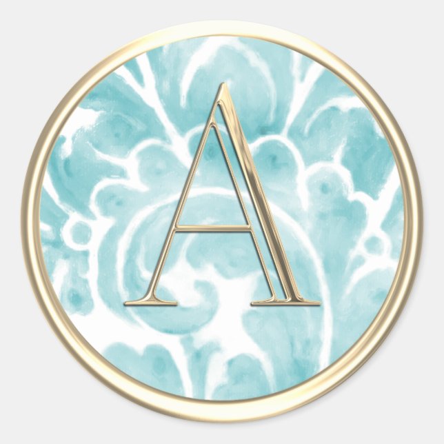 ALL INITIALS Gold Monogram Turquoise Plume Classic Round Sticker (Front)