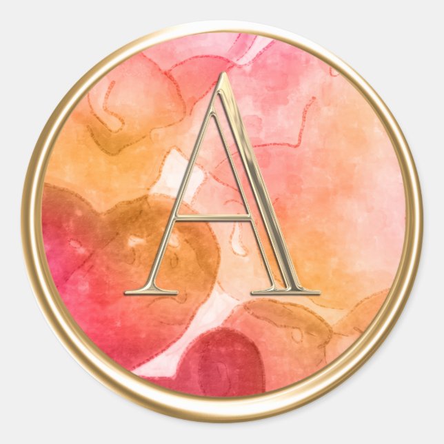 ALL INITIALS Gold Monogram Watercolor Hearts Classic Round Sticker (Front)