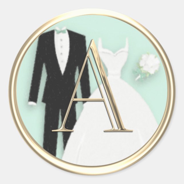 ALL INITIALS Gold Monogram Wedding Mint Green Classic Round Sticker (Front)