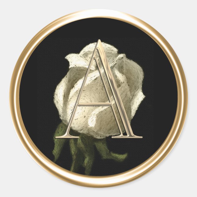 ALL INITIALS Gold Monogram White Rose on Black Classic Round Sticker (Front)