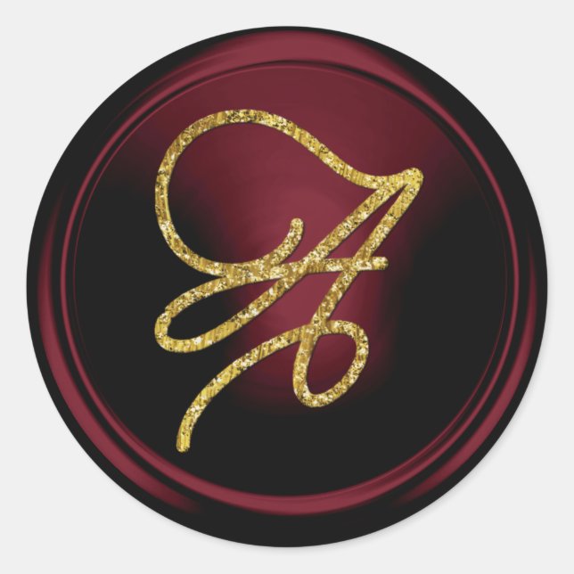 ALL INITIALS Gold Script Monogram Burgundy Classic Round Sticker (Front)