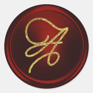 ALL INITIALS Gold Script Monogram Deep Red Classic Round Sticker