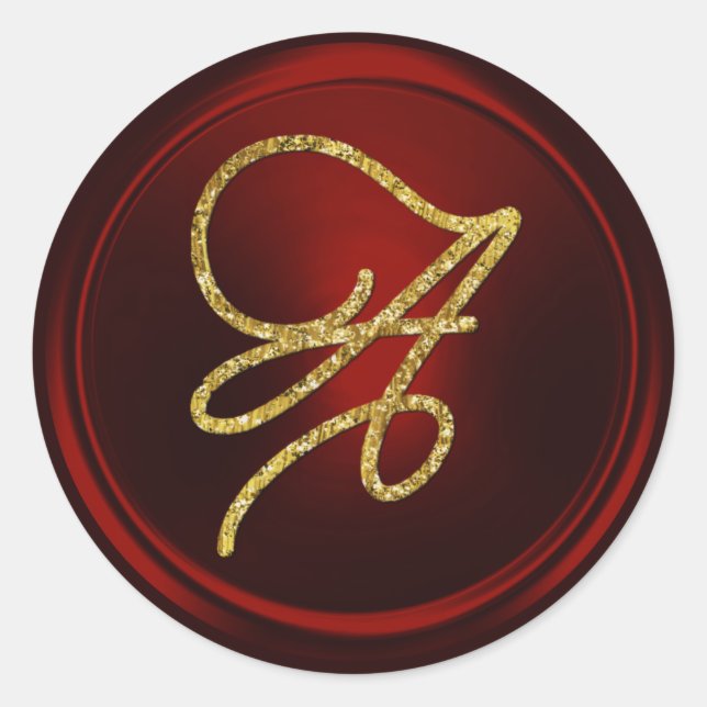 ALL INITIALS Gold Script Monogram Deep Red Classic Round Sticker (Front)