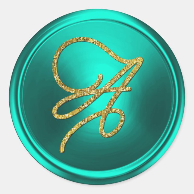 ALL INITIALS Gold Script Monogram Turquoise Classic Round Sticker (Front)