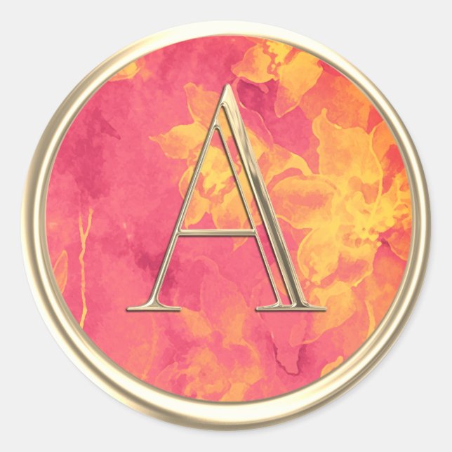 ALL INITIALS Monogram Abstract Orange Pink Floral Classic Round Sticker (Front)