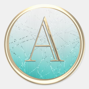 ALL INITIALS Monogram White Aqua Ombre Glittery Classic Round Sticker