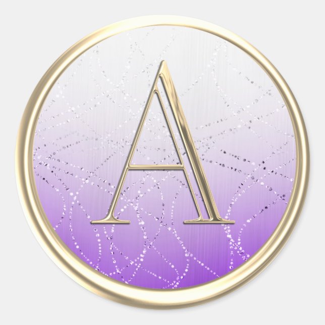 ALL INITIALS Monogram White Purple Ombre Glittery Classic Round Sticker (Front)