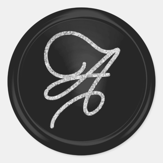 ALL INITIALS Silver Script Monogram Black Classic Round Sticker (Front)