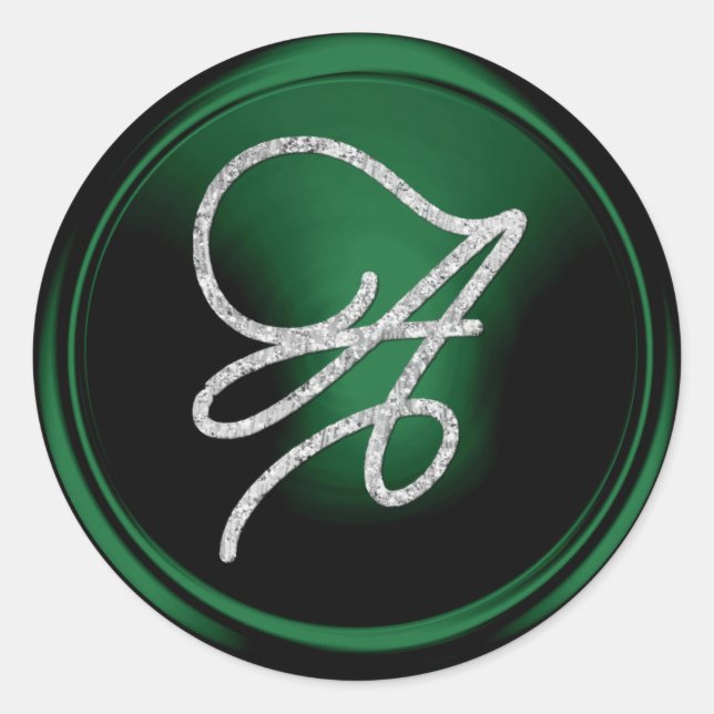 ALL INITIALS Silver Script Monogram Emerald Green Classic Round Sticker (Front)