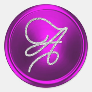 ALL INITIALS Silver Script Monogram Fuchsia Classic Round Sticker
