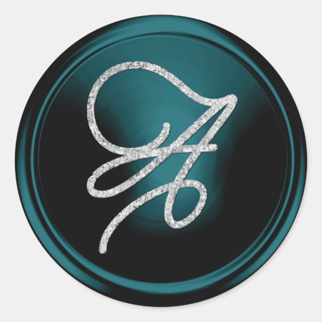 ALL INITIALS Silver Script Monogram Teal Blue Classic Round Sticker (Front)