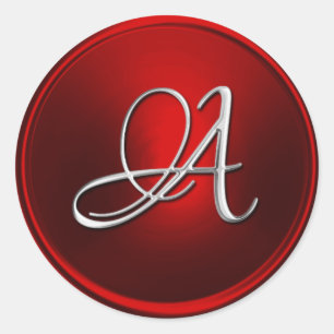 ALL INITIALS Silver Script on Red Classic Round Sticker