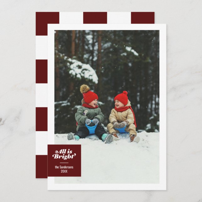 All Is Bright Bold Burgundy Chequerboard Festive Holiday Card (Front/Back)
