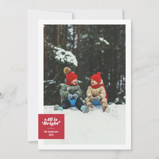 All Is Bright Bold Red Chequerboard Festive Holiday Card (Front)