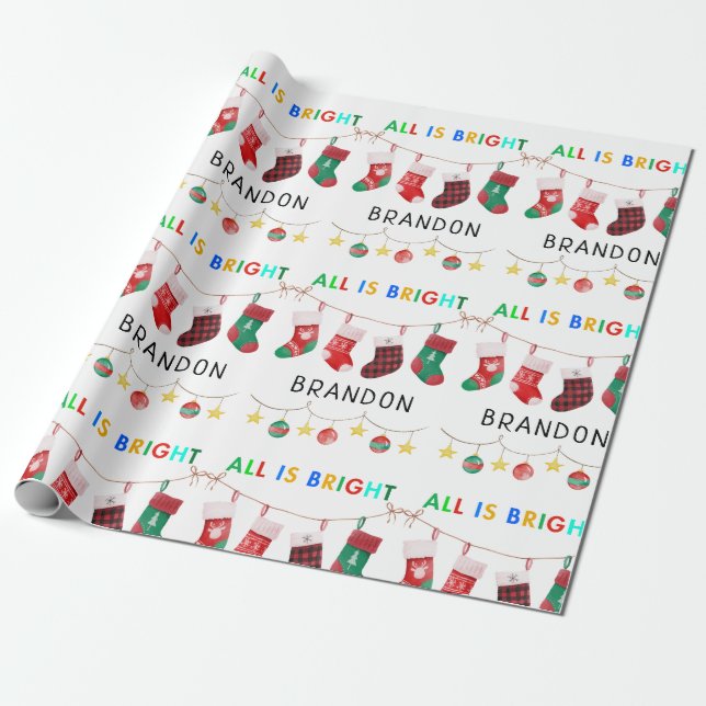 All Is Bright Christmas personalised Name  Wrapping Paper (Unrolled)