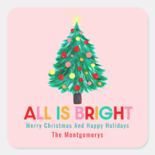 All Is Bright! Christmas Tree Hand Drawn Custom  Square Sticker