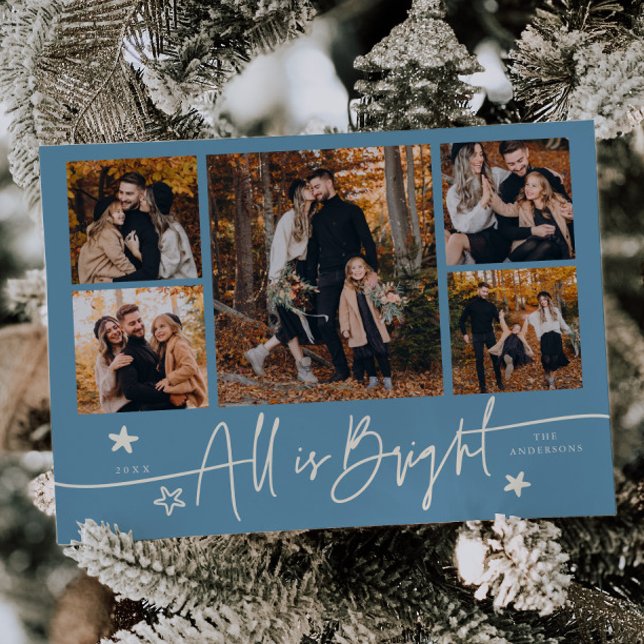 All Is Bright Denim Blue Multi Photo Holiday Card (Creator Uploaded)
