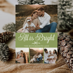All Is Bright Sage Green Multi Photo Christmas Holiday Card