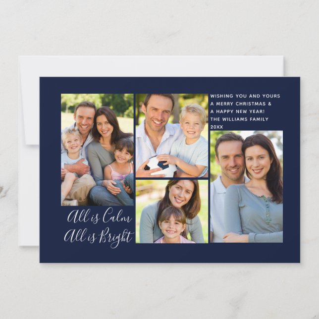 All is Calm All is Bright 4 Photo Navy Blue White Holiday Card (Front)