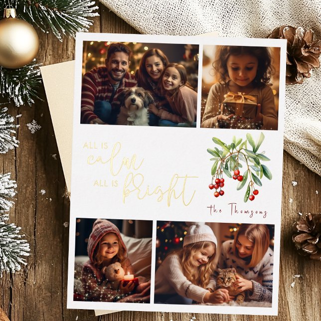 All is calm all is bright christmas gold photo  foil holiday postcard (Creator Uploaded)