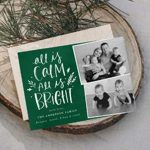 All is Calm All is Bright Green 2 Photo Holiday Card