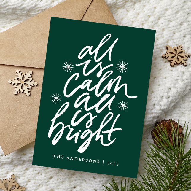 All Is Calm All Is Bright Green Non-Photo Holiday Card (Creator Uploaded)