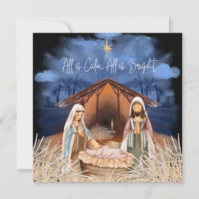 All Is Calm All Is Bright Nativity Scene Christmas Holiday Card (Front)