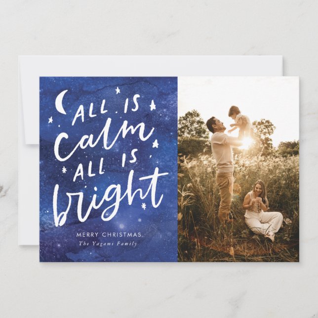 All is Calm Blue Starry Night Christmas Photo Holiday Card (Front)