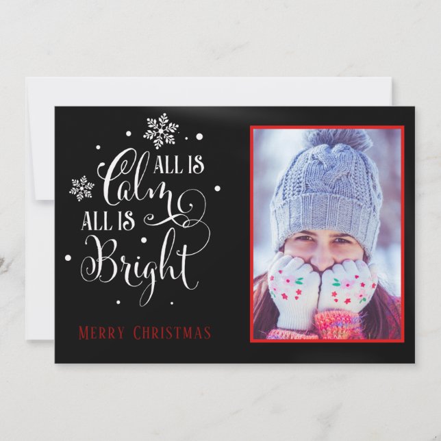 "All is Calm", Elegant Two Sided Photo Christmas Holiday Card (Front)