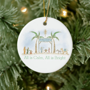 All Is Calm Hand Drawn Nativity Custom Message Ceramic Tree Decoration