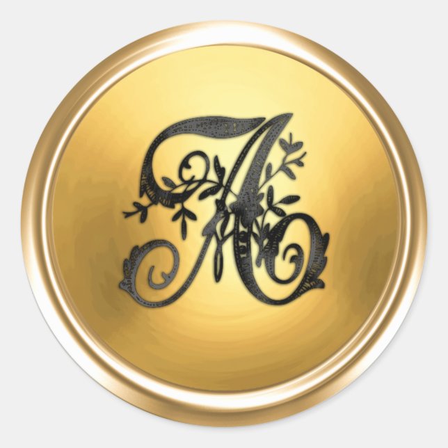 All Letter Black and Gold Ornate Initial Monogram  Classic Round Sticker (Front)