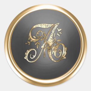All Letter Gold and Dark Grey Ornate Monogram Classic Round Sticker