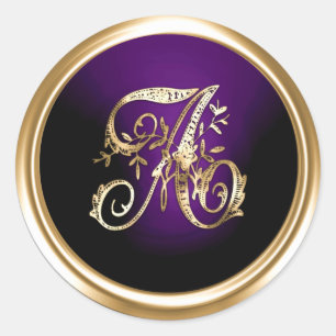 All Letter Gold and Dark Purple Ornate Monogram  Classic Round Sticker