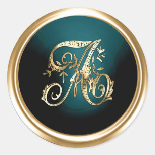 All Letter Gold and Dark Teal  Ornate Monogram  Classic Round Sticker