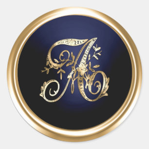 All Letter Gold and Navy Blue Ornate Monogram  Classic Round Sticker