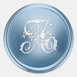All Letter White and Blue Ornate Initial Monogram Classic Round Sticker