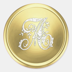 All Letter White and Gold Ornate Initial Monogram Classic Round Sticker