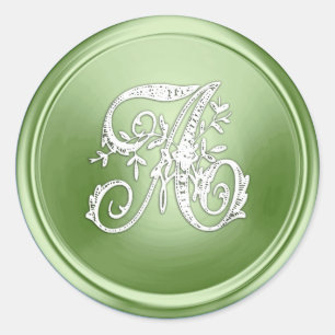 All Letter White and Green Ornate Monogram Classic Round Sticker