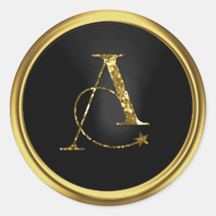 ALL Letters Gold and Black Star Monogram Classic Round Sticker